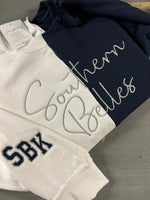 Southern Belles split vertical Crewneck in script writing with SBK on sleeve