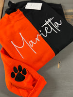 Marietta split vertical Crewneck in script writing with paw on sleeve